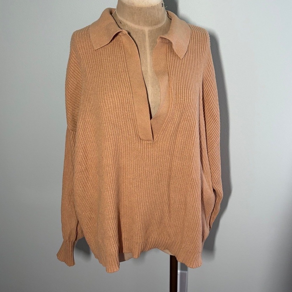 Eloquii Elements Ribbed V-Neck Polo Sweater Camel Tan Plus Size 18/20 Oversized